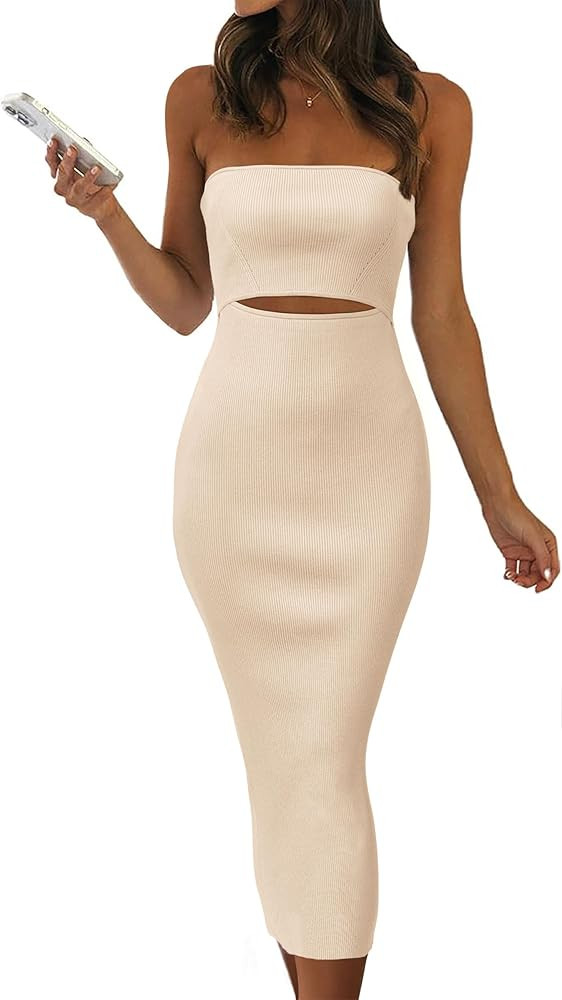 PRETTYGARDEN Women's Summer Midi Bodycon Dress Strapless Cut Out Knit Tube Long Fitted Dresses | Amazon (US)