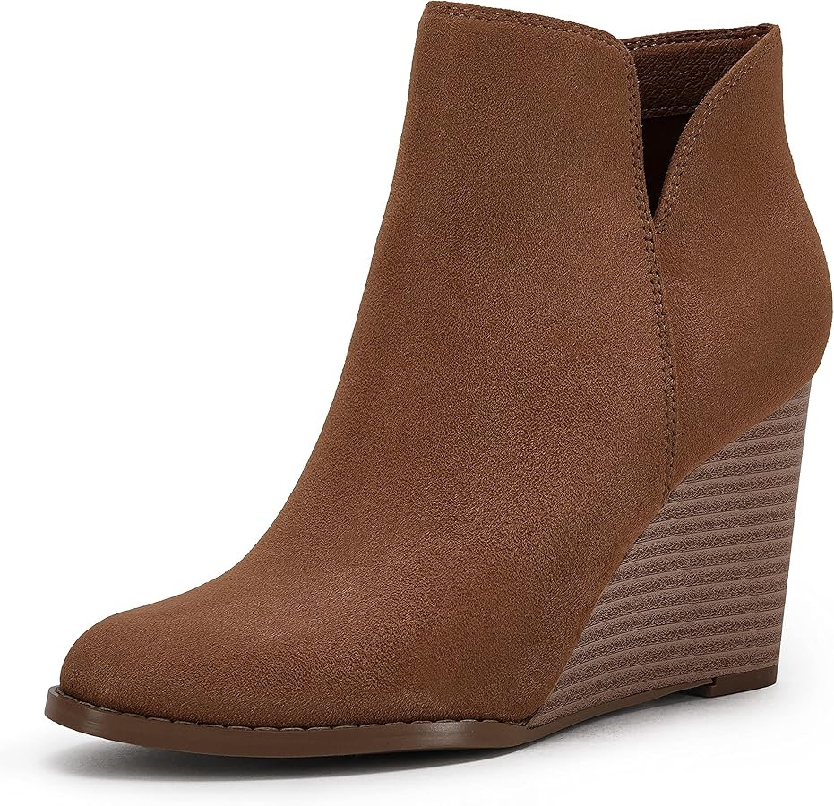 LAICIGO Womens V Cut Wedge Ankle Booties Zip-up Closed Toe Stacked Heel Faux Suede Winter Boots | Amazon (US)