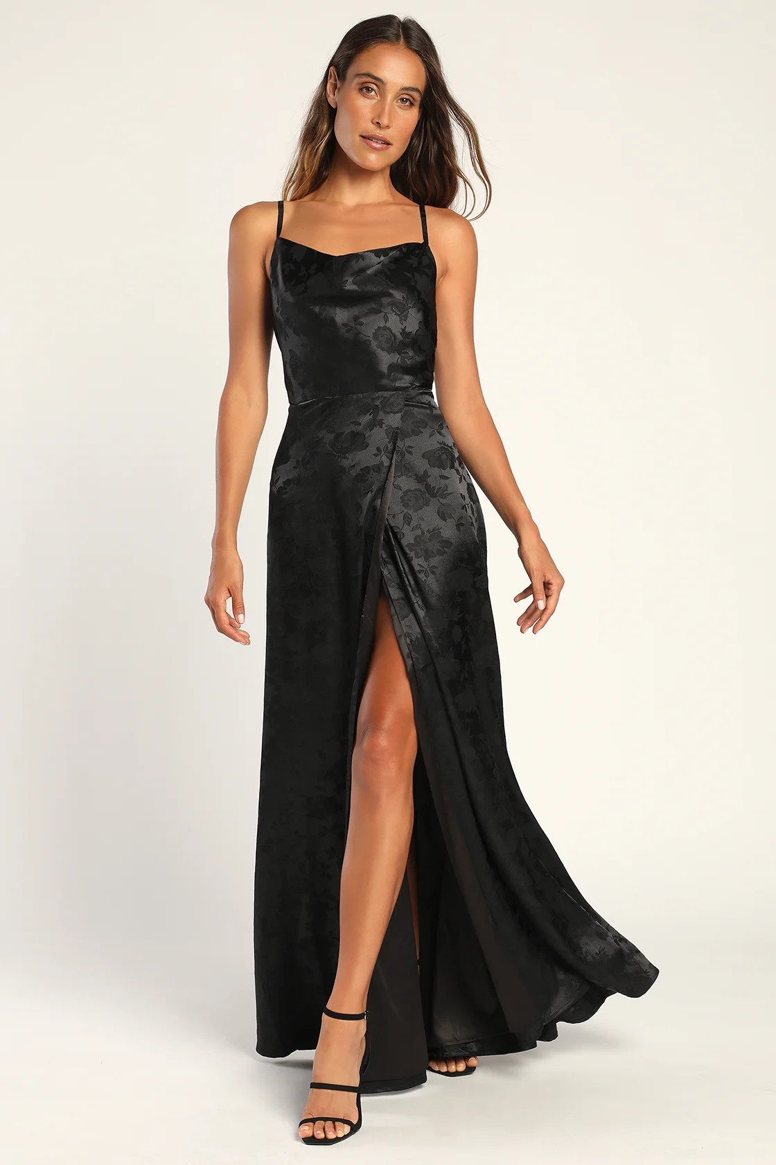 Simply Dreamy Black Satin Floral Jacquard Maxi Dress | Lulus (US)
