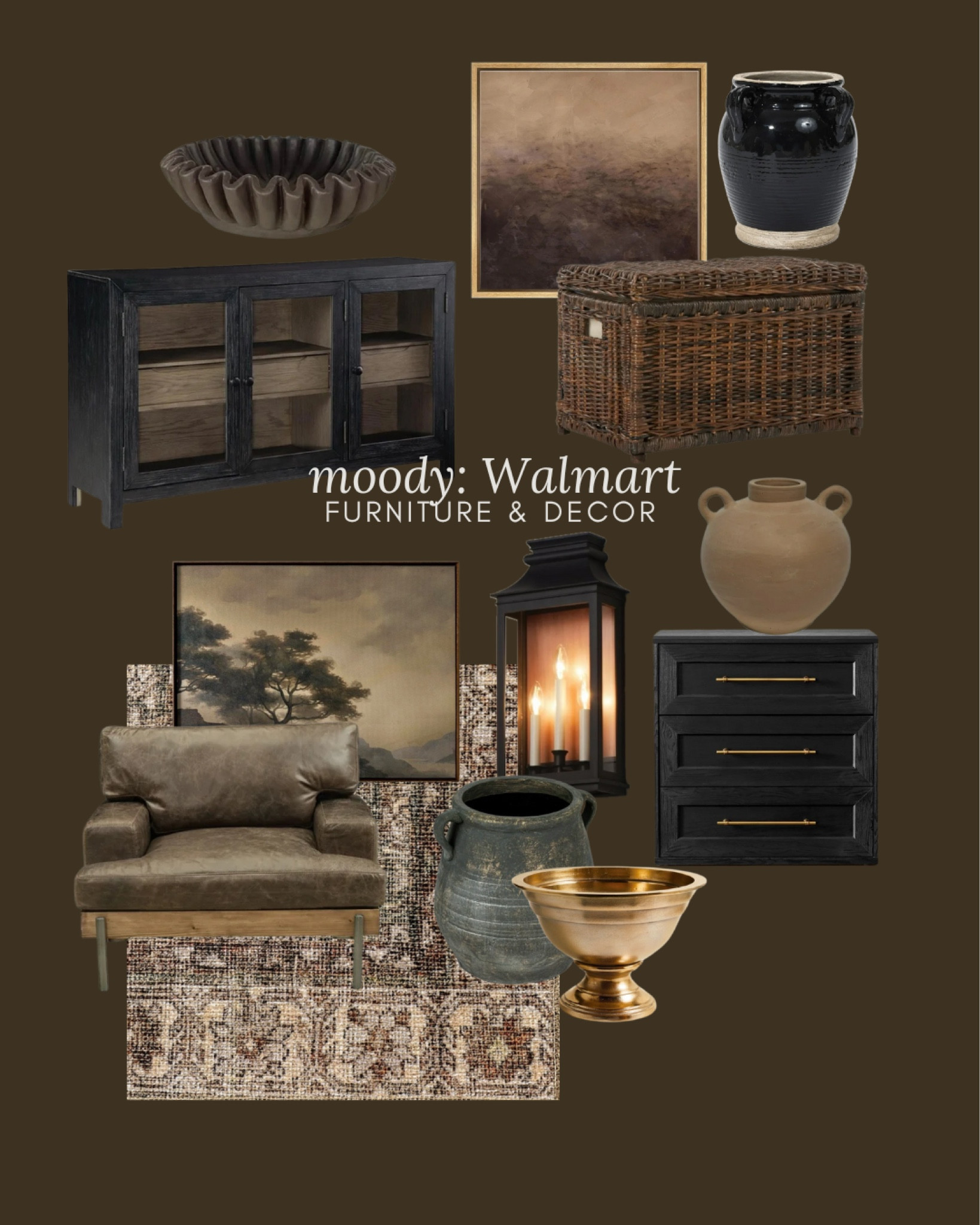 Moody furniture decor from Walmart, framed art, sideboard, basket with lid, ottoman, area, rug, decor, leather chair, living room, furniture, nightstand, chest of drawers, vase, affordable furniture from

#LTKSaleAlert #LTKHome #LTKStyleTip