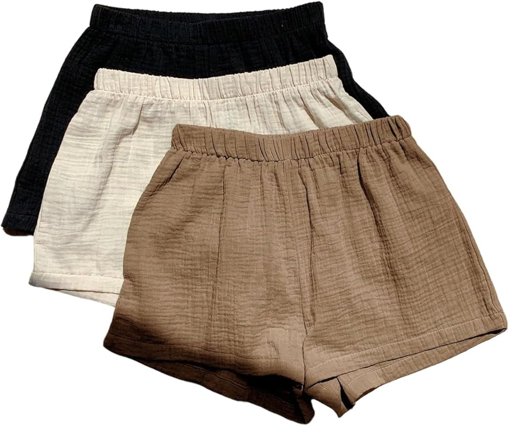 MakeMeChic Women's 3 Pack Linen Shorts Plaid Gingham Striped Summer Beach Boxer Shorts | Amazon (US)