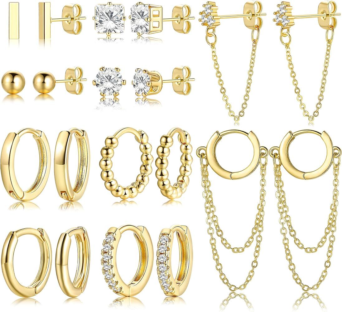 14K Gold Plated Huggie Hoop Studs Earrings Set for Women Girls, Fashion Hypoallergenic Small Dain... | Amazon (US)