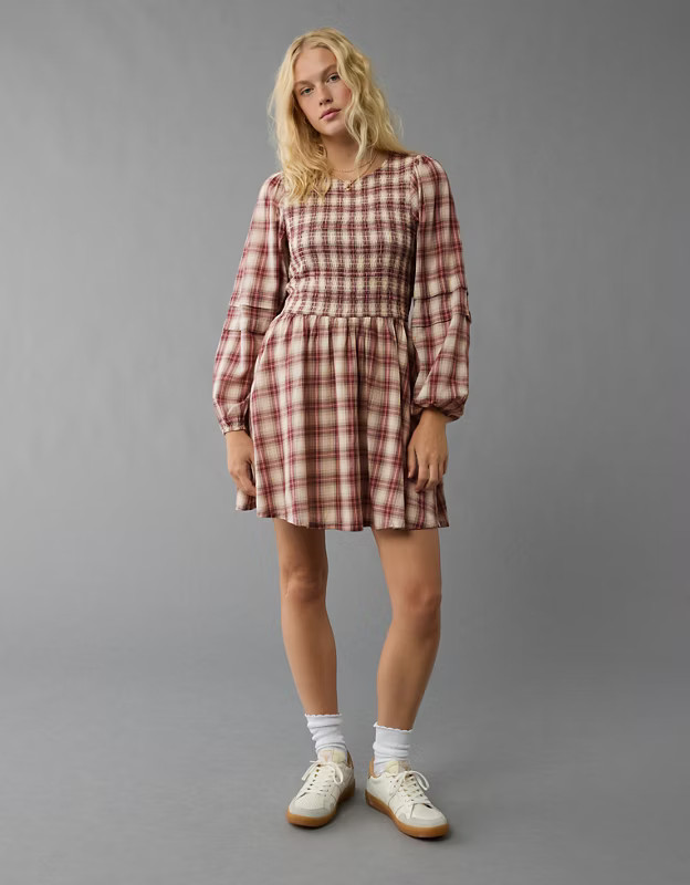 AE Long-Sleeve High Neck Plaid Mini Dress | American Eagle Outfitters (US & CA)