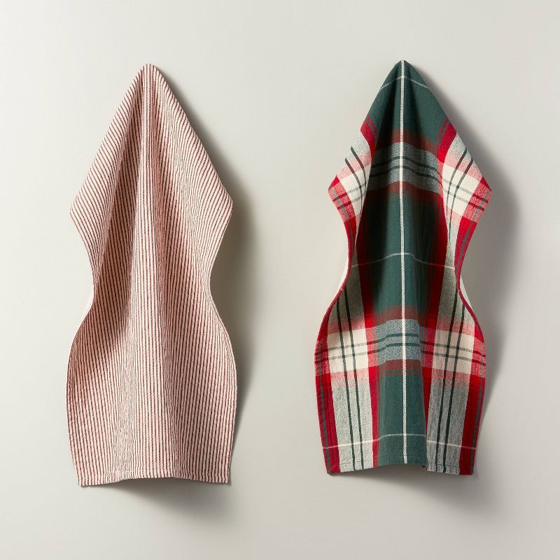 2ct Holiday Plaid & Ticking Stripe Kitchen Towel Set Green/Red/Cream - Hearth & Hand™ with Magn... | Target