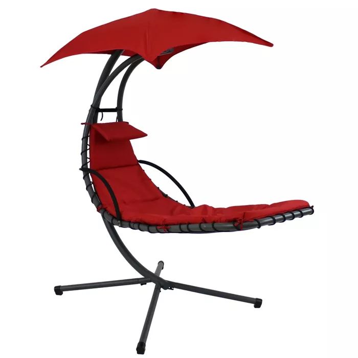 Sunnydaze Outdoor Hanging Chaise Floating Lounge Chair with Canopy Umbrella and Stand, Red | Target