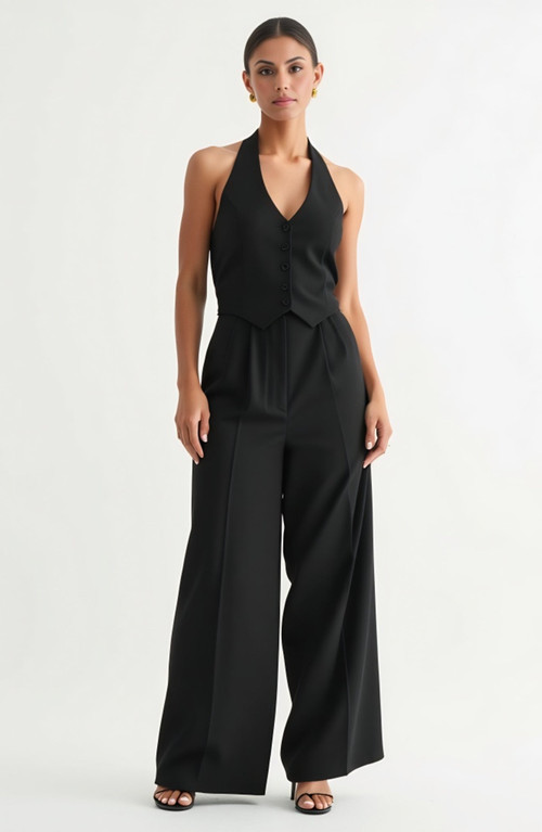 Modenaire Button-Detail Halter Vest and Wide-Leg Pocket Pants Set in Black at Nordstrom, Size Small | Nordstrom