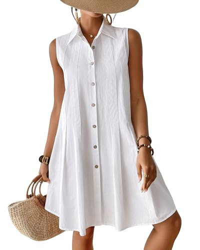 Bsubseach Cotton Beach Cover Up for Women Button Down Sleeveless Shirt Dress Swimsuit Coverup 2025 Summer Mini Dresses White S | Amazon (US)