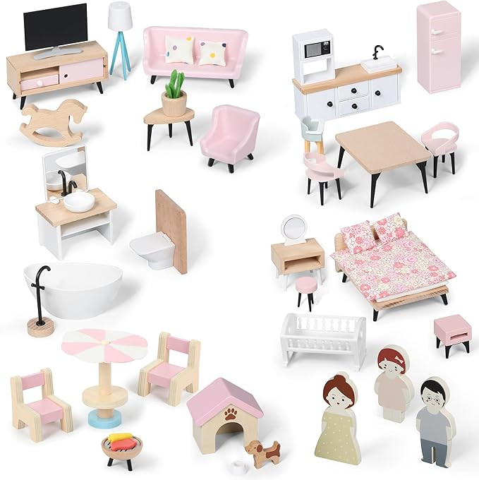 Wooden Dollhouse Furniture Set, Dollhouse Accessories and Furniture, with 7 Rooms 3 Dolls, Includ... | Amazon (US)