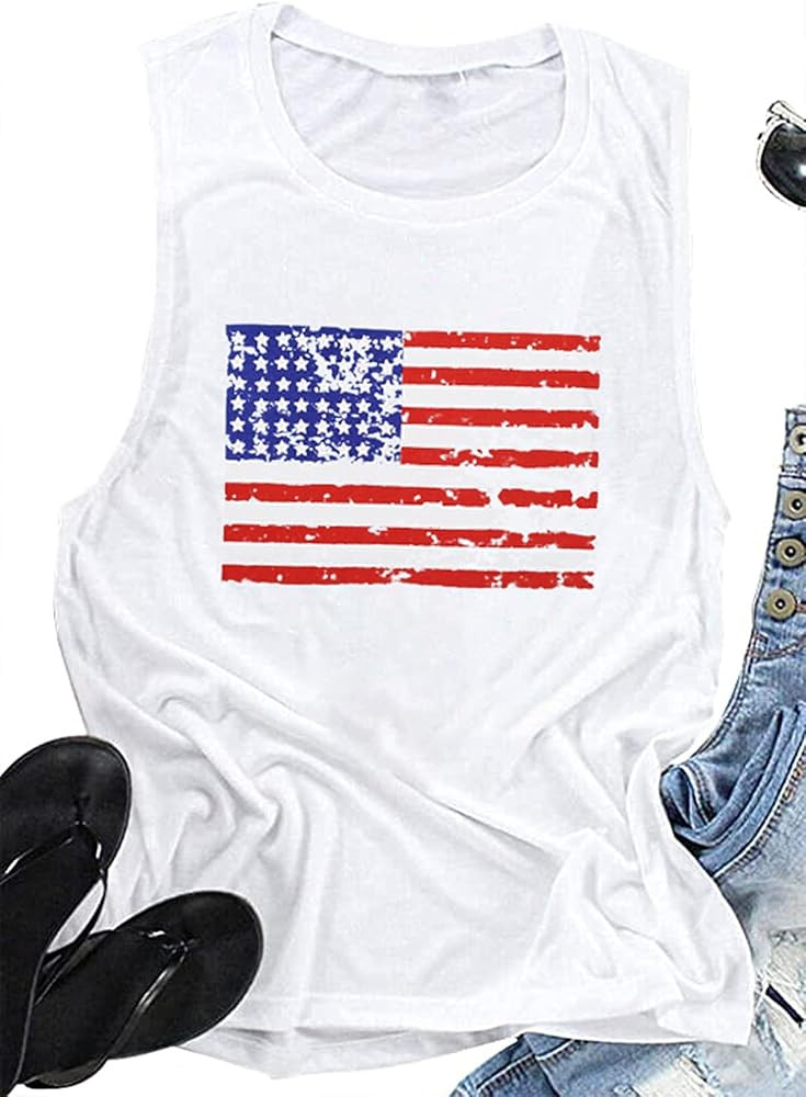 FAYALEQ American Flag Print Tank Tops Women USA Stars Stripes Patriotic T Shirt Summer Loose Vest Te | Amazon (US)