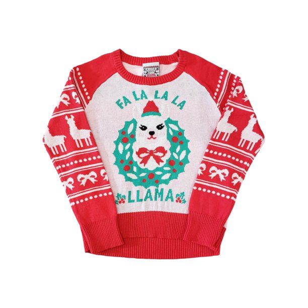 Girls Pink Red Fa La La La Llama Long Sleeve Knit Cotton Christmas Sweater - Walmart.com | Walmart (US)