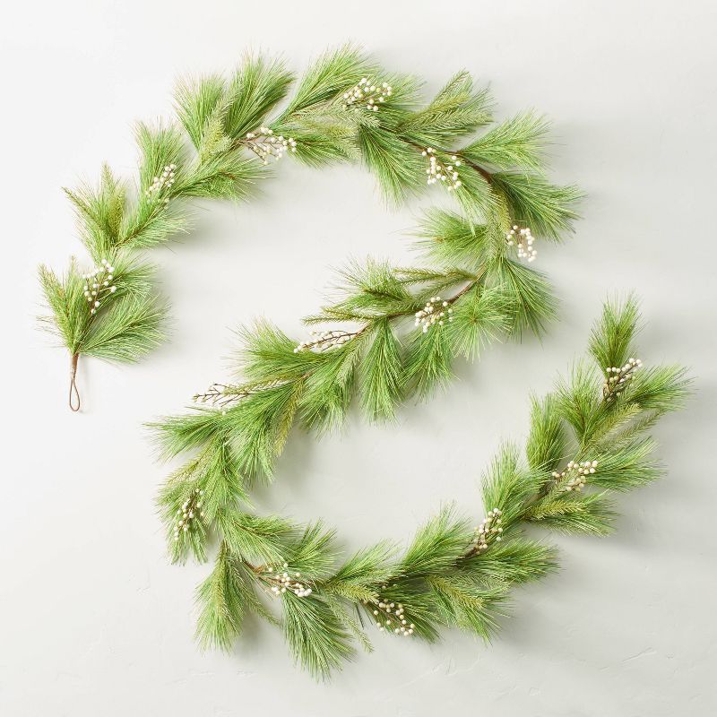 6&#39; Needle Pine with Snowberries Seasonal Faux Garland Green/White - Hearth &#38; Hand&#8482; ... | Target