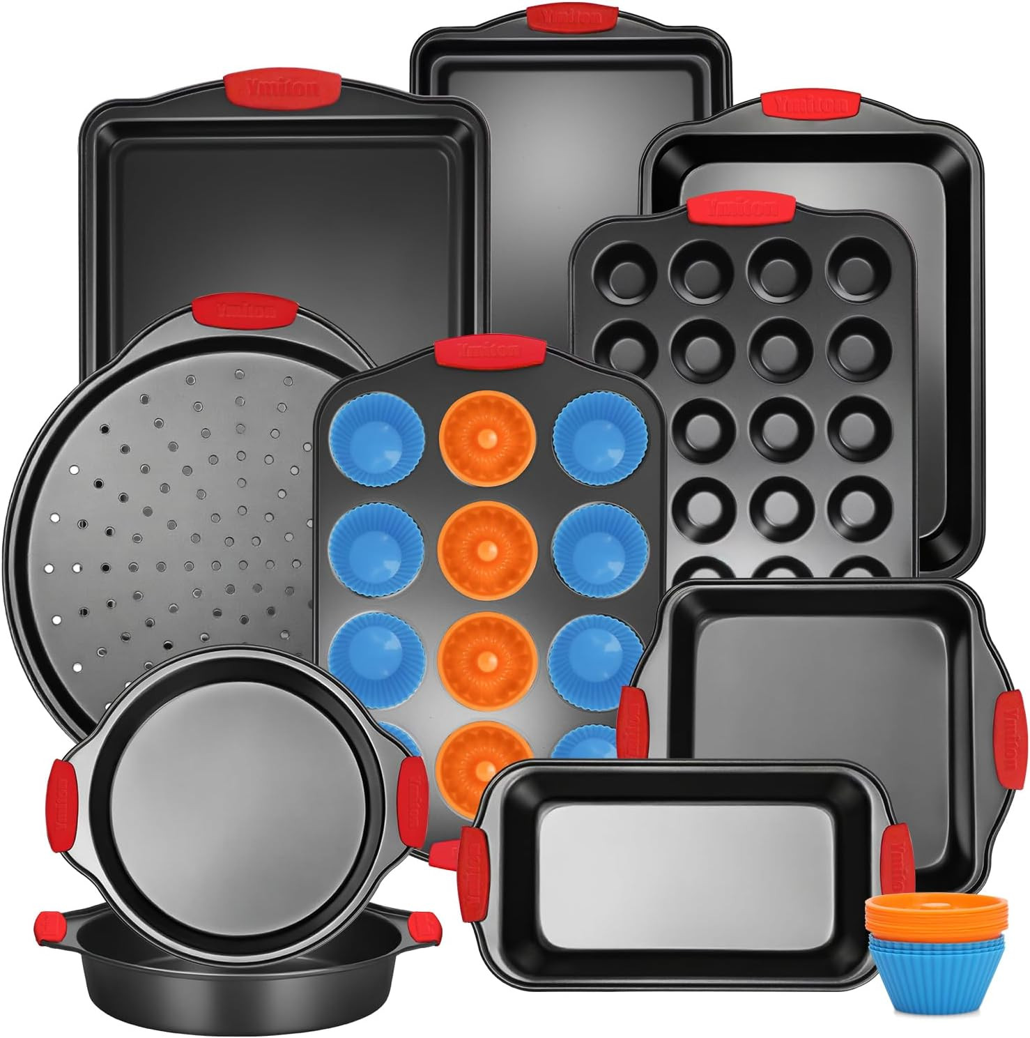 Baking Pans Set with Silicone Handles, 34 PCS Nonstick Bakeware Sets, Oven Pan Set Includes Baking Tray, Cookie Sheet, Cake Pans, Loaf Pan, Muffin Pan, Pizza Pan | Amazon (US)