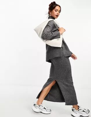 ASOS DESIGN longline sweater with high neck & midi skirt set in charcoal | ASOS (Global)