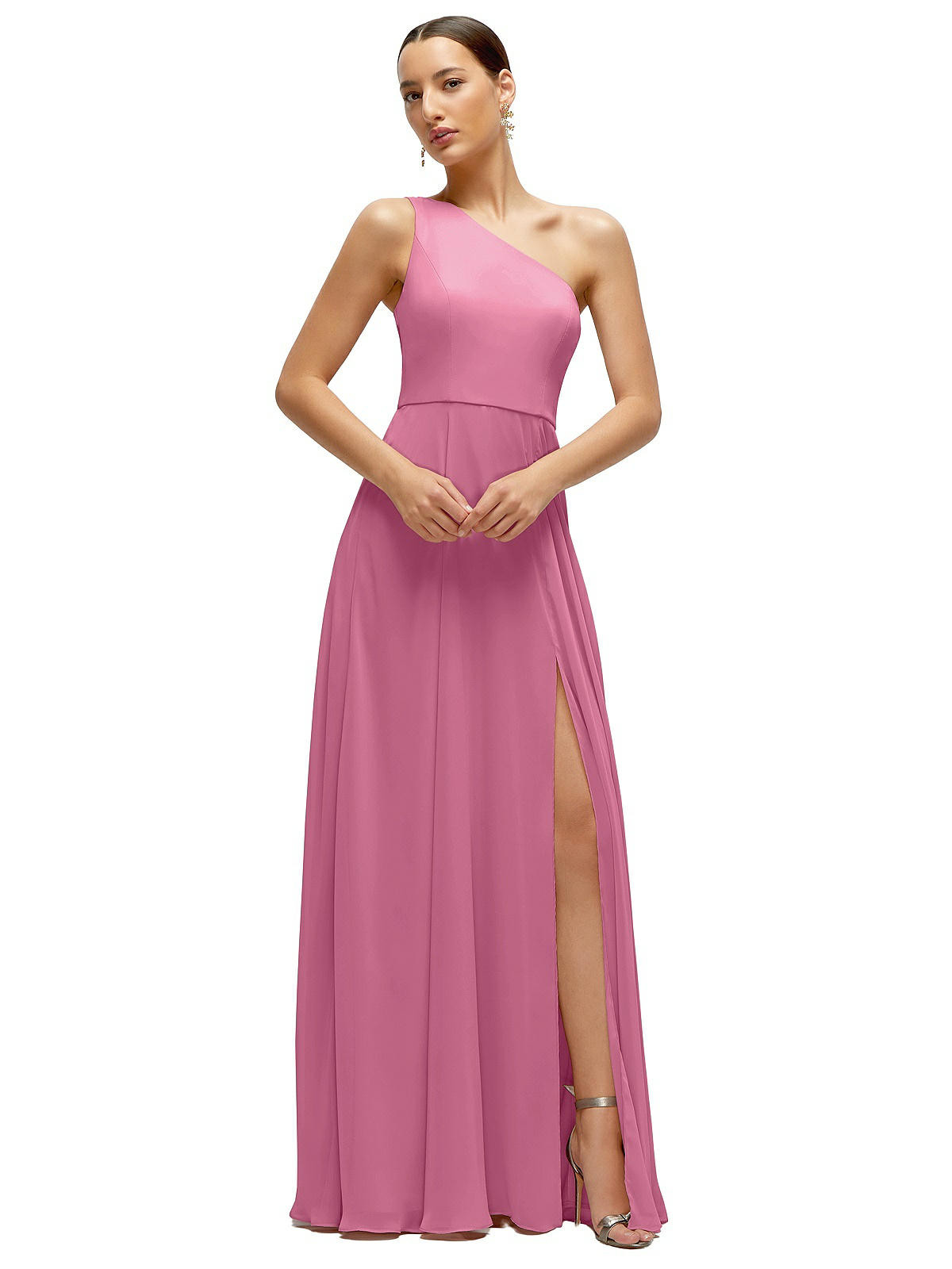 Chiffon One-Shoulder Maxi Dress with Circle Skirt in Orchid Pink | Dessy Group