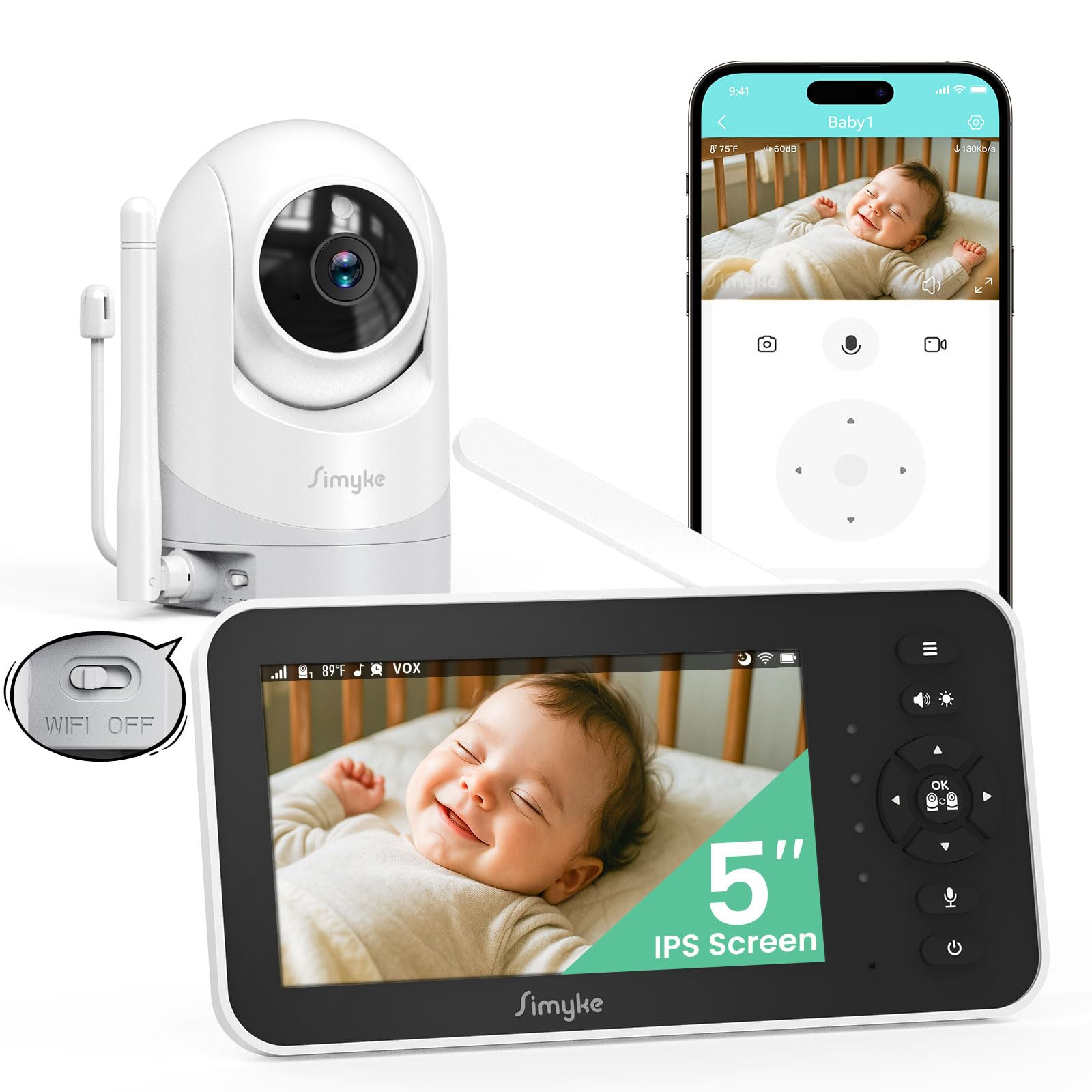 Simyke Video Baby Monitor with Camera and Audio,5'' Screen,720P,No Wifi or Free App Mode,Pan-Tilt... | Amazon (US)