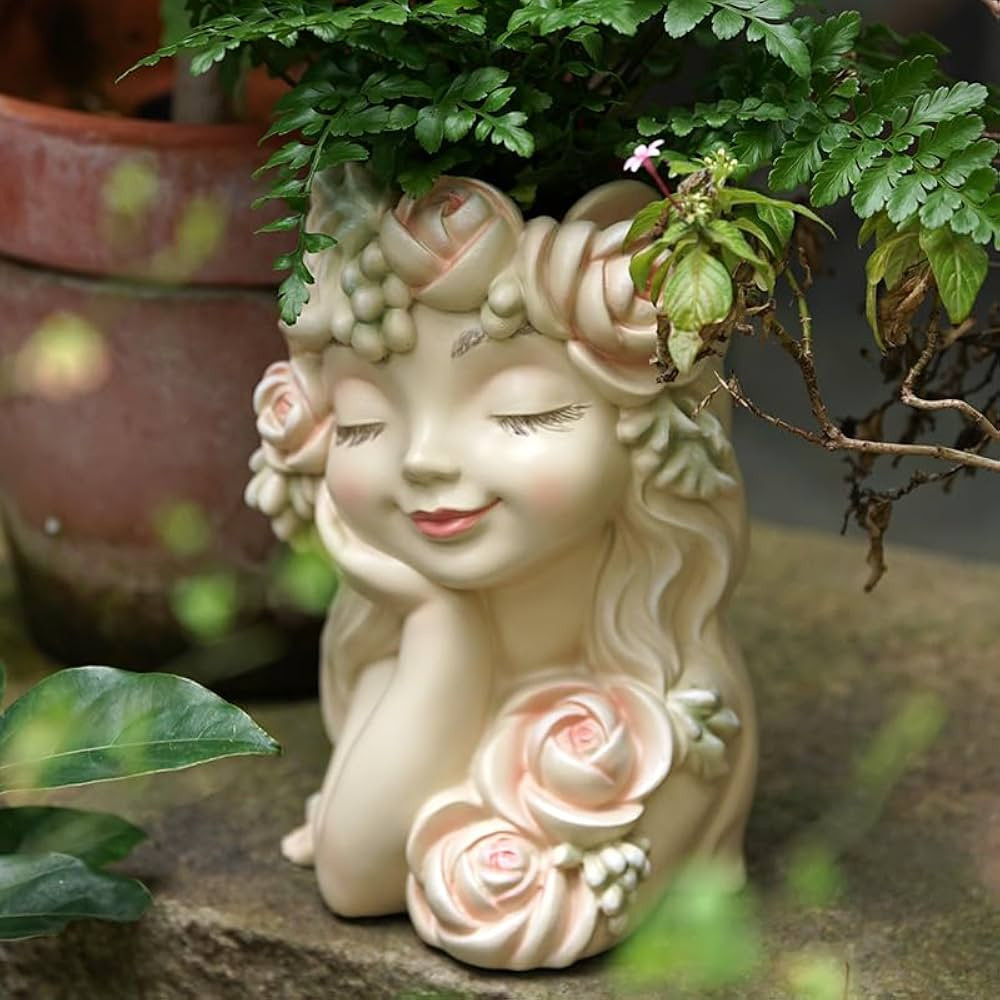 Decorative Garden Fairy Head Planter, Resin Flower Pot Sculpture, Pearl White with Rose Details | Amazon (US)