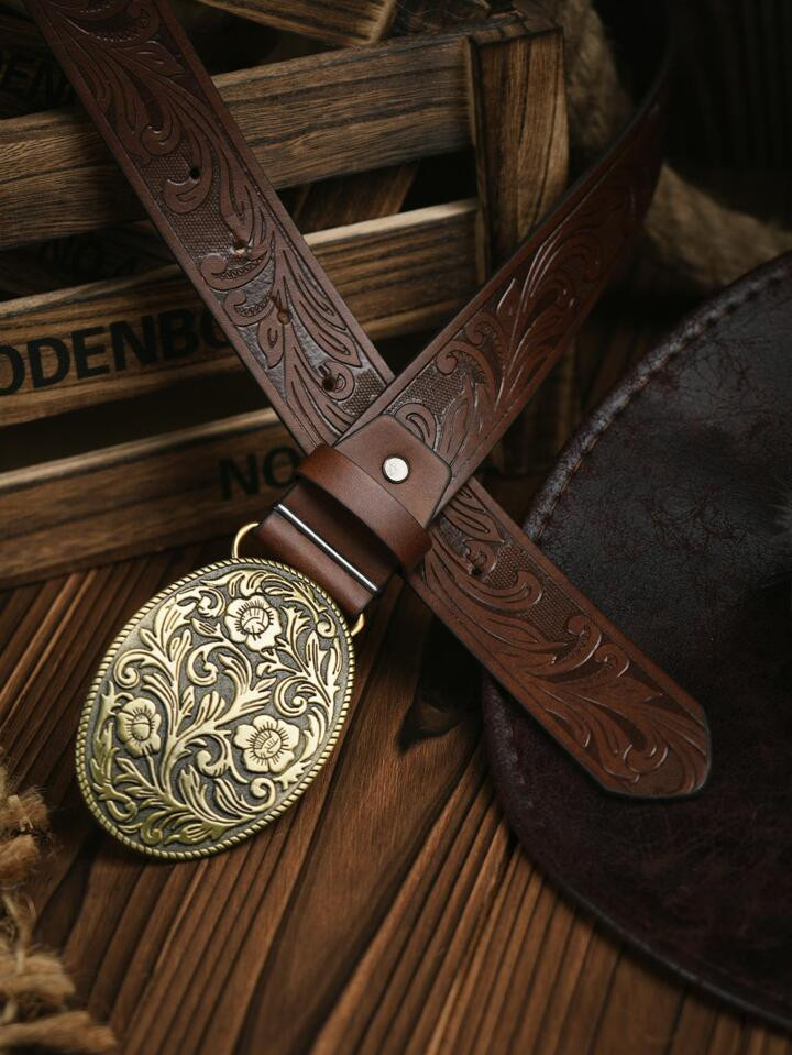 1pc Women Western Scroll Detail Oval Buckle Vintage Belt With Punch Tool For Daily Decoration For... | SHEIN