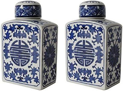 A&B Home 9'' Rectangular Blue White Ceramic Jar Set of 2 Home Decor Vase with Lid Centerpiece Dec... | Amazon (US)