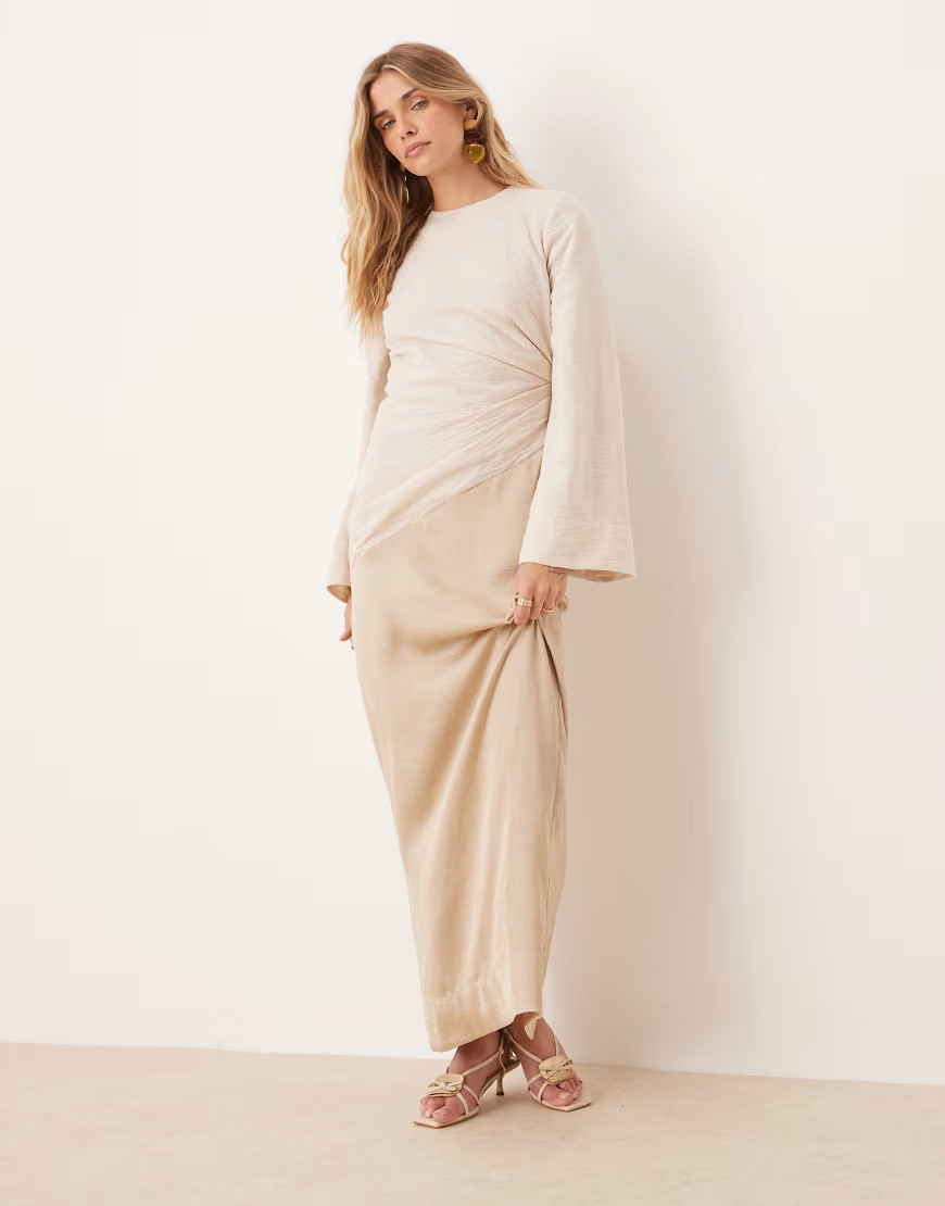 ASOS DESIGN hybrid ruched crinkle maxi dress with flared sleeve in stone-Neutral | ASOS (Global)