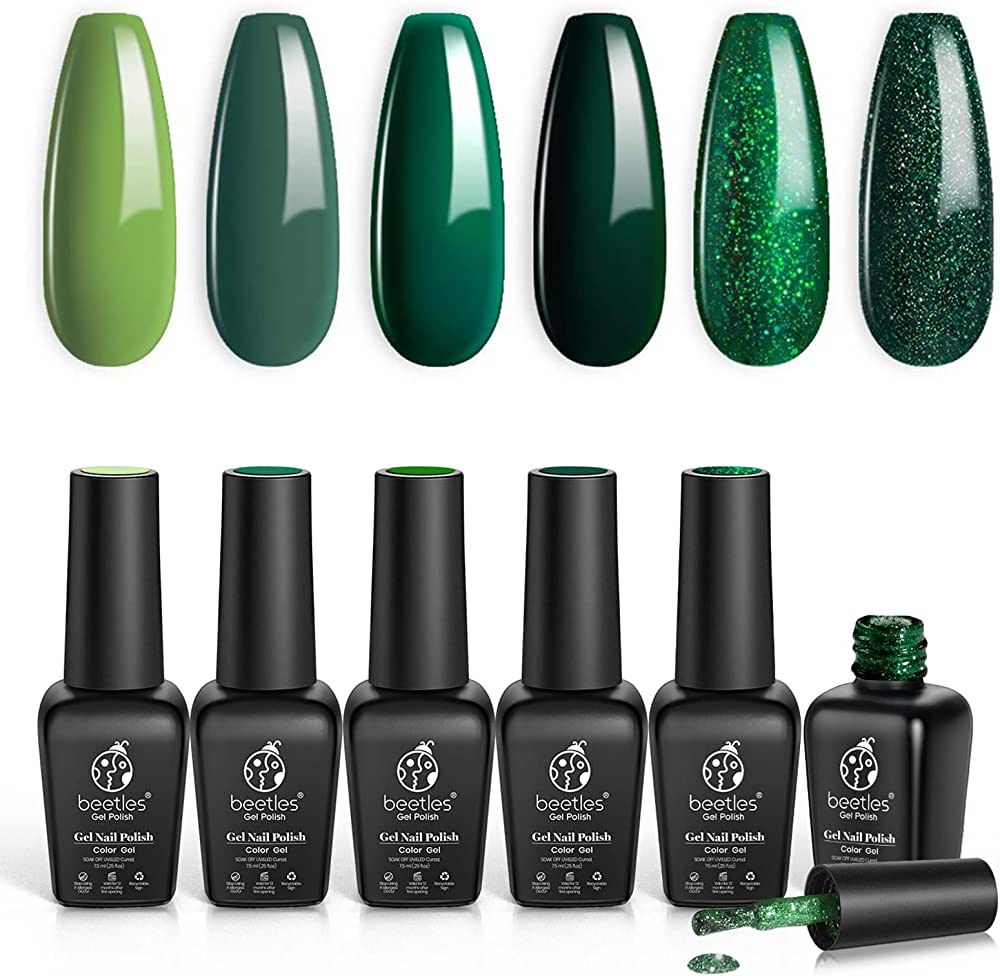 Beetles Carnival Evergreen Gel Nail Polish Set - 6 Pcs Glitter Green Sparkle Gel Polish Kit Soak ... | Amazon (US)