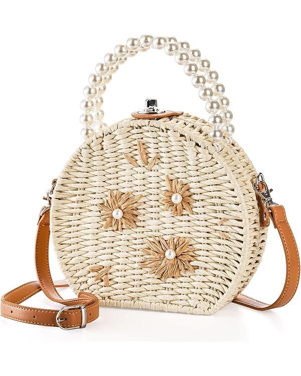 Handwoven Round Rattan Bag, 8" Straw Crossbody Bags with Adjustable Straps, Top Pearl Handle Wick... | Amazon (US)