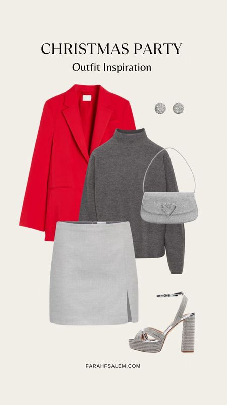 Grey and red outfit idea 
Grey sweater, grey mini skirt, red blazer

#LTKHoliday #LTKSeasonal
