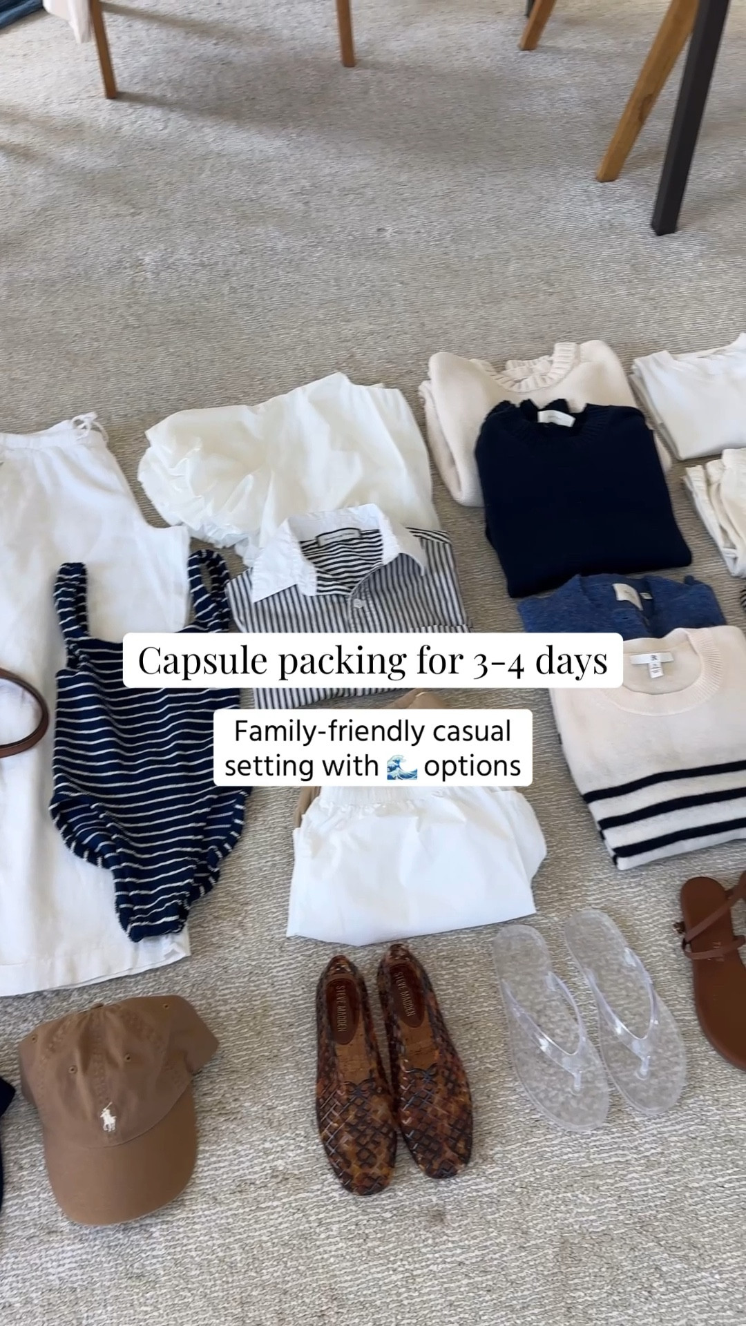 Your 3 day packing capsule that actually makes sense. Coordinate everything using the sandwich method to really minimize the bag and shoes. 

Pants/Jeans
Citizens of Humanity Ayla jeans 25
Gap Factory linen pants petite xs

Shorts
Everlane drapey shorts 2
Donni Boxer shorts medium

Tops
Zara crop voluminous top xs
Recreational Habits button up small
Madewell tee xs

Sweaters
Gap cotton sweater petite small
Everlane cotton sweater xs
Doen cardigan small
Banana Republic cashmere sweater tee medium (old)

Dress
Doen dress xs

Pj's/Leisure 
Gap pointelle top large
Gap pointelle bottoms petite small
Splendid linen pants xs

Bathing Suit
Hunza G One size

Bag
Hunting Season tote

Shoes
Steve Madden jellies 5
Ancient Greek sandals 35
Tkee Phoebe sandals 5

Hats
Polo Ralph Lauren hat navy
Polo Ralph Lauren hat brown


#LTKmomlife #LTKTravel