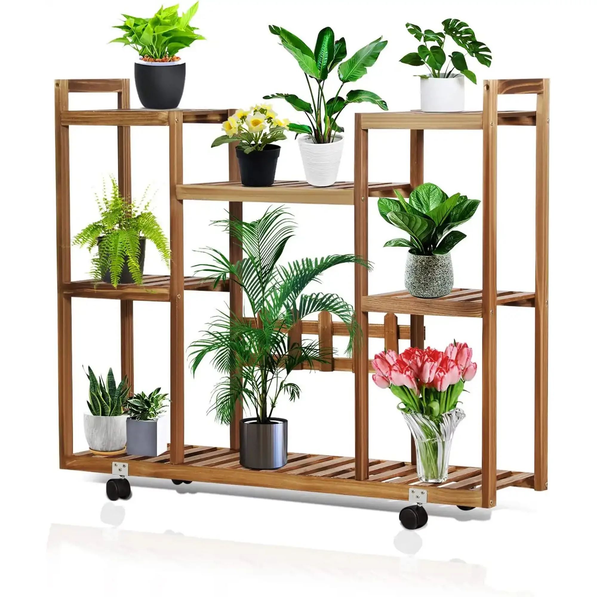 Magshion Multi-Tier Wood Plant Stand Shelf Flower Pot Storage Rack Display Holder with Wheels | Walmart (US)