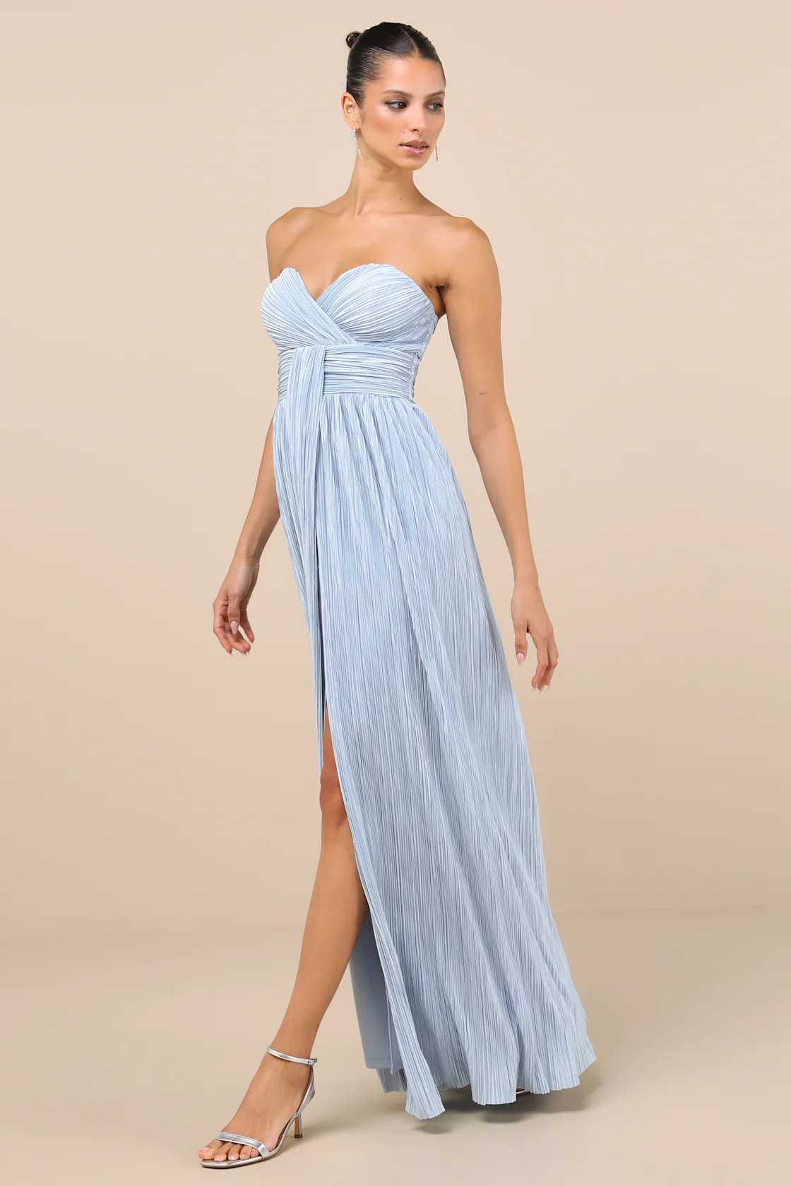 Oswin Light Blue Satin Plisse Strapless Maxi Dress | Lulus