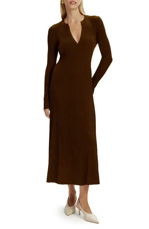 Bardot Hattie Long Sleeve Rib Maxi Sweater Dress in Chocolate at Nordstrom, Size Large | Nordstrom