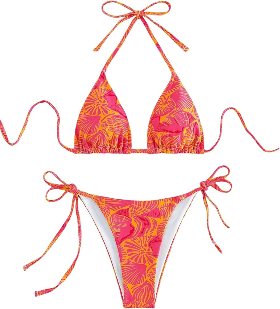 ZAFUL Womens Printed Triangle Bikinis 2 Piece Halter Bikini Sets High Cut Bathing Suit Side Tie S... | Amazon (US)