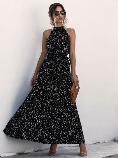 Self Tie Polka Dot Maxi Halter Dress | SHEIN