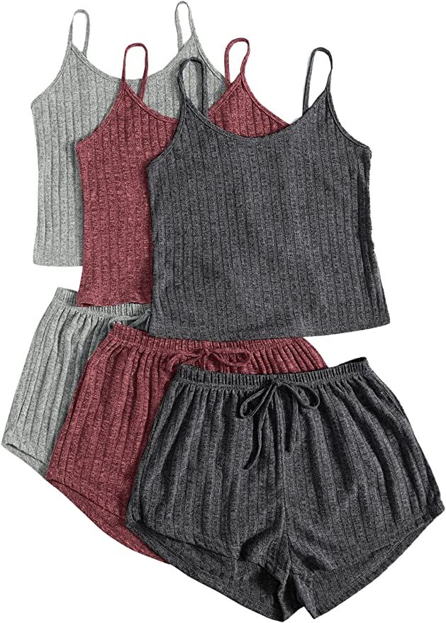 SheIn Women's 3 Sets Rib Knit Lounge Set Crop Cami Top and Tie Front Shorts Sleepwear Pajama Set ... | Amazon (US)