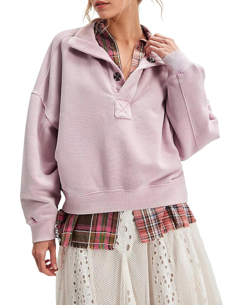 Women Button Mock Neck Sweatshirt Oversized Long Sleeve Henley Pullover Tops 2025 Fall Casual Tee... | Amazon (US)