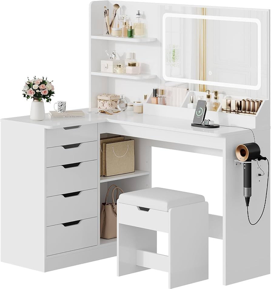 TRIUMPHKEY Dressing Table with Stool,Vanity Desk with 5 Drawers,Power Outlet,Corner Makeup Table ... | Amazon (UK)