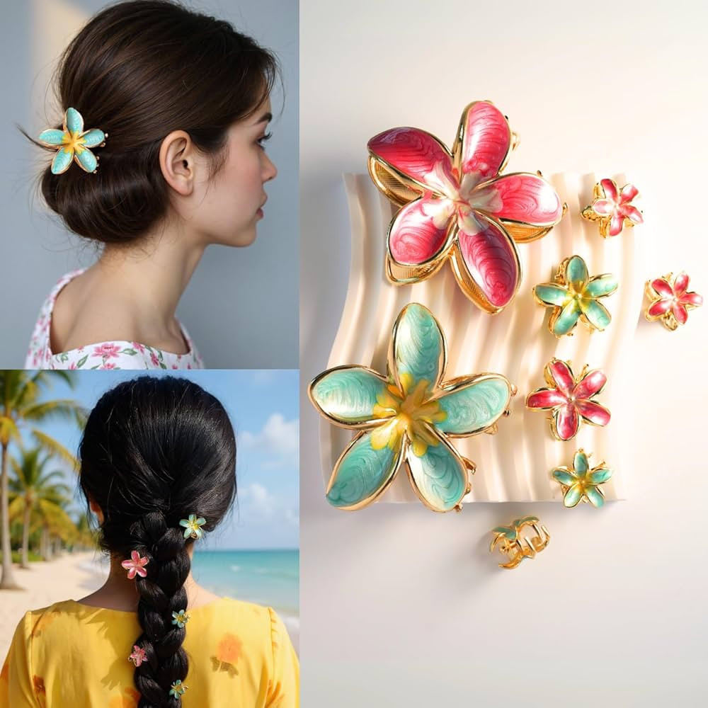Hawaiian Plumeria Flower Claw Clips for Women Girls, 8 Pcs Hand Painted Flower Metal Hair Clips S... | Amazon (US)