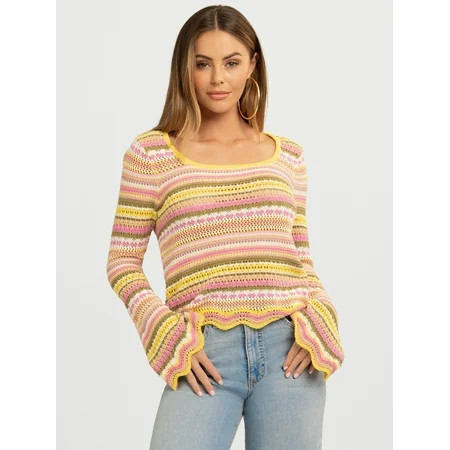 Jessica Simpson Women's Lilianna Cotton Pointelle Sweater with Long Sleeves, Lightweight, Sizes X... | Walmart (US)