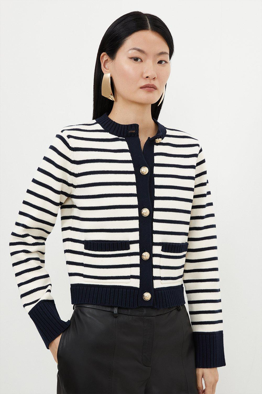 Cotton Cropped Knit Boxy Striped Cardigan | Karen Millen UK + IE + DE + NL