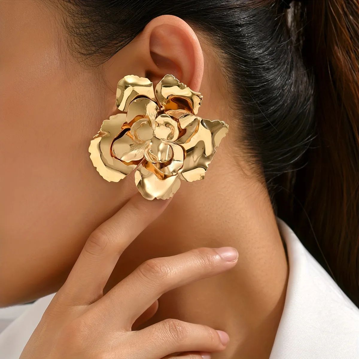 Exaggerated Golden Flower Design Elegant Stud Earrings Alloy 18K Gold Plated Jewelry Showroom Par... | Temu Affiliate Program