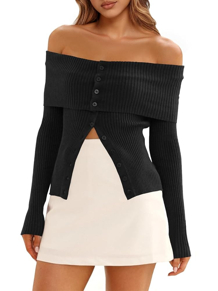 Saodimallsu Womens Off The Shoulder Sweaters Long Sleeve Fitted Ribbed Knit Button Down Trendy Da... | Amazon (US)