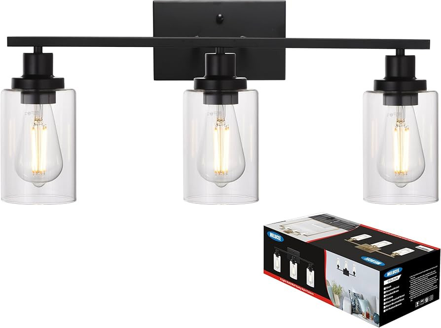 MELUCEE Bathroom Vanity Light Fixtures 3 Lights Wall Sconce Black with Clear Glass Shade for Bedr... | Amazon (US)
