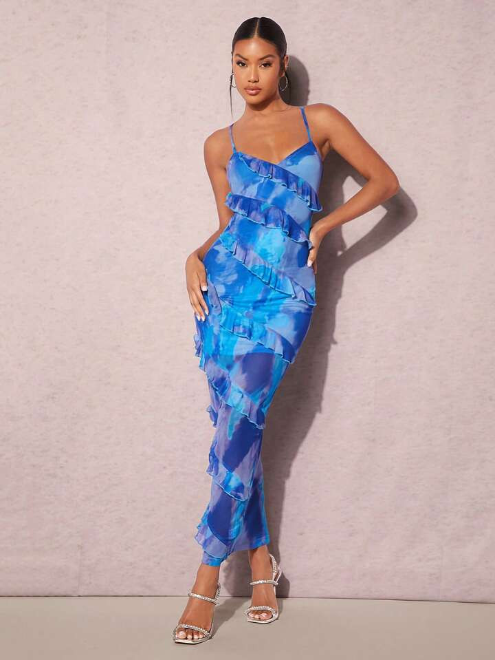 SHEIN BAE Tie Dye Lace Up Backless Layered Ruffle Trim Cami Bodycon Dress | SHEIN