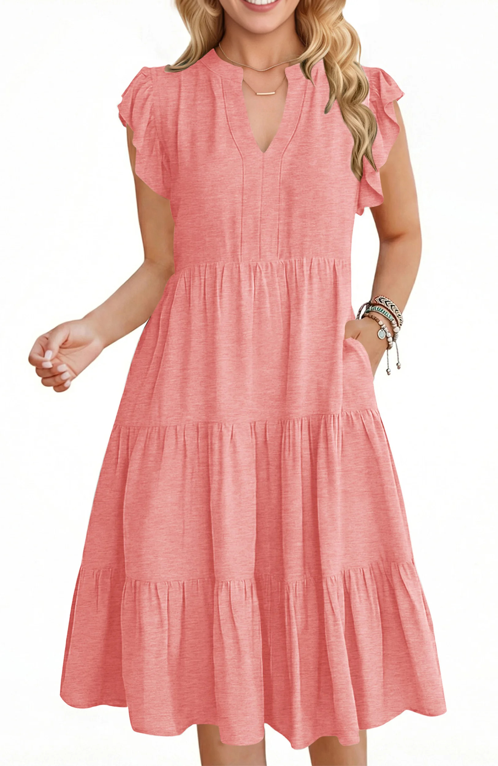 UVN Summer Dresses for Women Ruffle Sleeve V Neck Midi Dress Casual Beach Sundress with Pockets | Walmart (US)