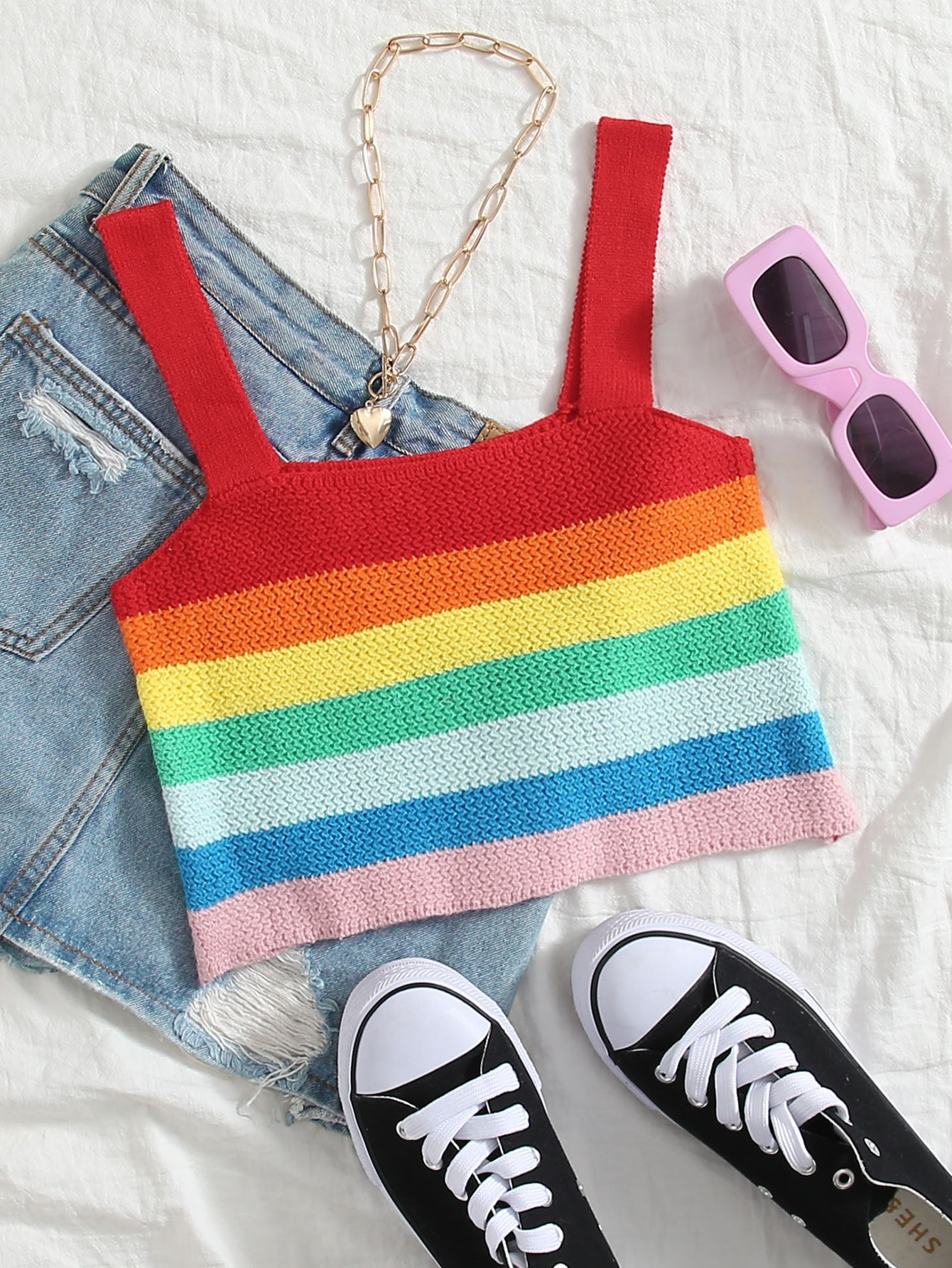 Rainbow Striped Crop Knit Top | SHEIN