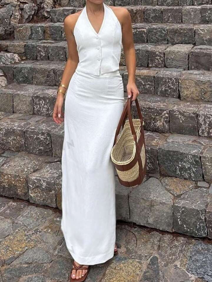 SHEIN Essnce Women's Solid Color Simple Daily Wear Top And Skirt Set | SHEIN