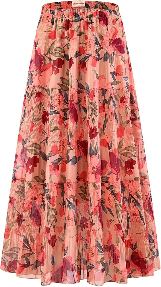 Womens Chiffon Long Skirt Elastic High Waist Floral Maxi Skirts Tiered Pleated A Line Boho Flowy ... | Amazon (US)