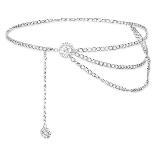 Sliver Chain Belt for Women Multilayer Metal Waist Chain Belts, Fashion Multilayer Adjustable Women Sliver Long Belt Body Belly Jewelry for Dresses Jeans Trousers | Amazon (US)