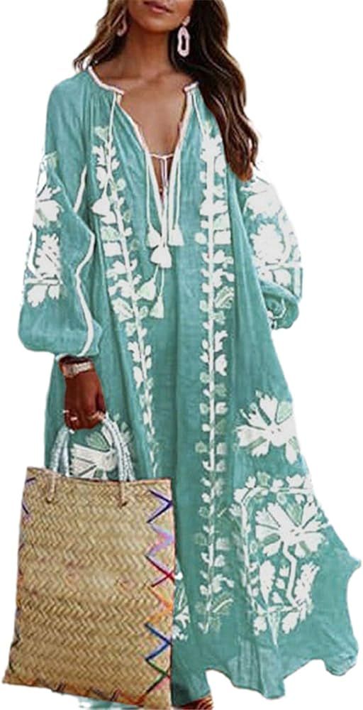 Summer Boho Loose Fit Dress Maxi Long Sleeve Tassel Dress Beach Kimono Ladies Tassel Dress | Amazon (US)