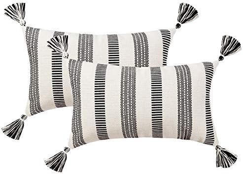 blue page Set of 2 Cotton Woven Lumbar Throw Pillow Covers, Black White Stripe Neutral Pillow Cas... | Amazon (US)