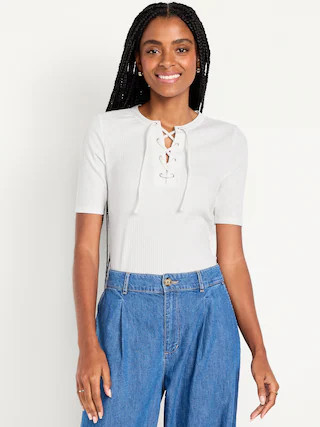 Short Sleeve Lace-Front Top | Old Navy (US)